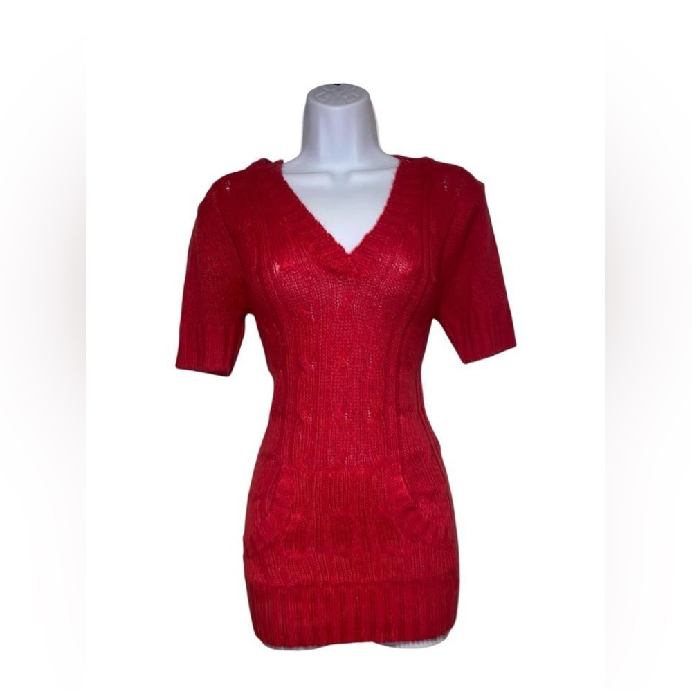 Y2k hot pink knit short sleeve sweater dress with front pocket and hood